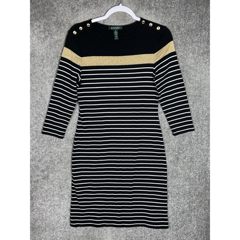 LAUREN Ralph Lauren Knit Dress Womens Sz M Black Striped Gold Button Detail